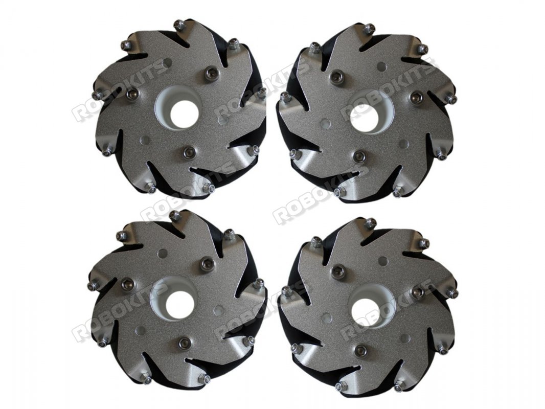 100mm Mecanum Wheel Set (2x Left, 2x Right) - Bearing Rollers - Click Image to Close