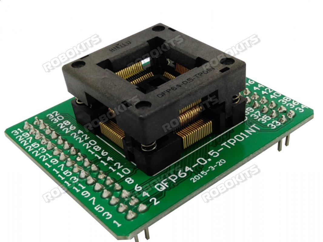 Programming Socket for QFP64 to 64pin Breakout with 10x10mm IC Width and 0.5mm Pitch - Click Image to Close
